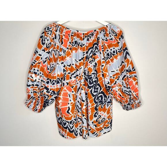 Marie Oliver Printed Puff Sleeve V-Neck Blouse Top Orange/Black/Blue Women's 1 - Picture 9 of 12